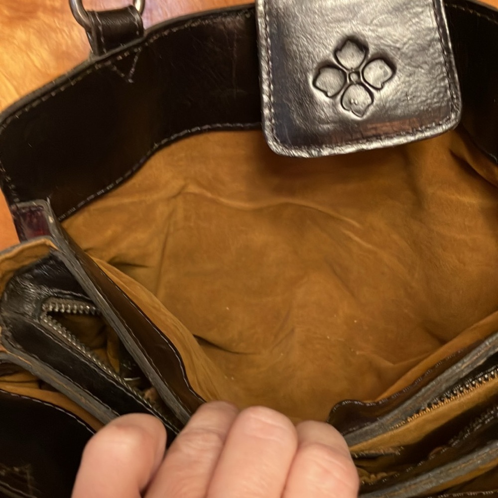 PATRICI NASH SHOULDER BAG. BLACK LEATHER WITH MARROON & LIGHT ORANGEISH FLOWERS - Picture 12 of 16